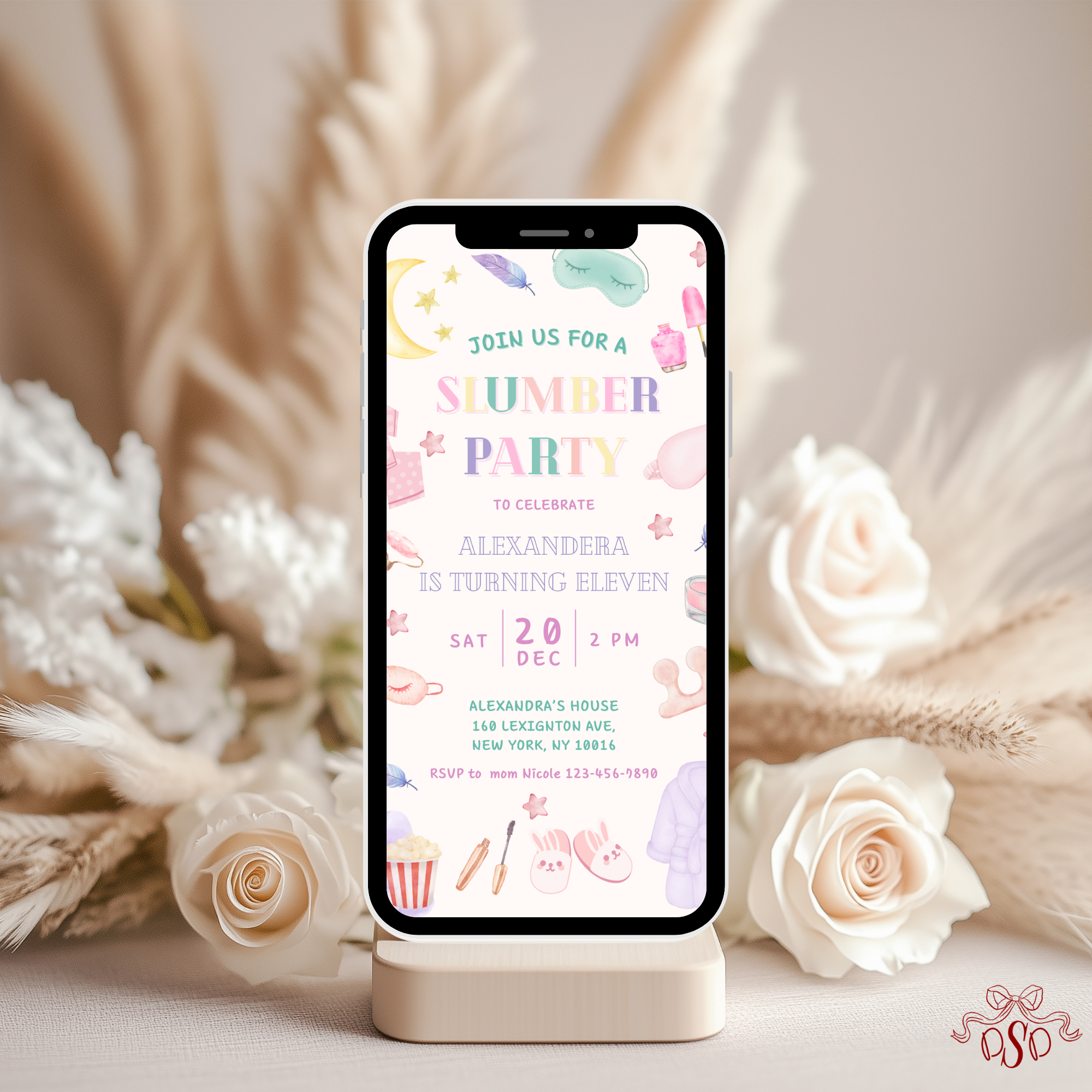 Sleepover Pastel Pajama 12th Birthday Party Invitation - editable Canva template gallery image