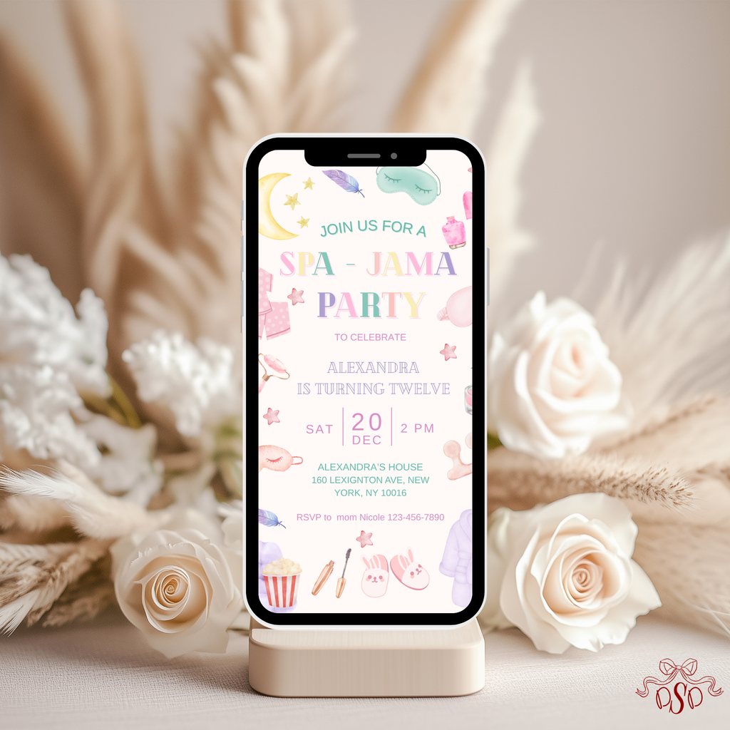 Spa Jama Pastel Sleepover 12th Birthday Party Invitation - printable invite design detail