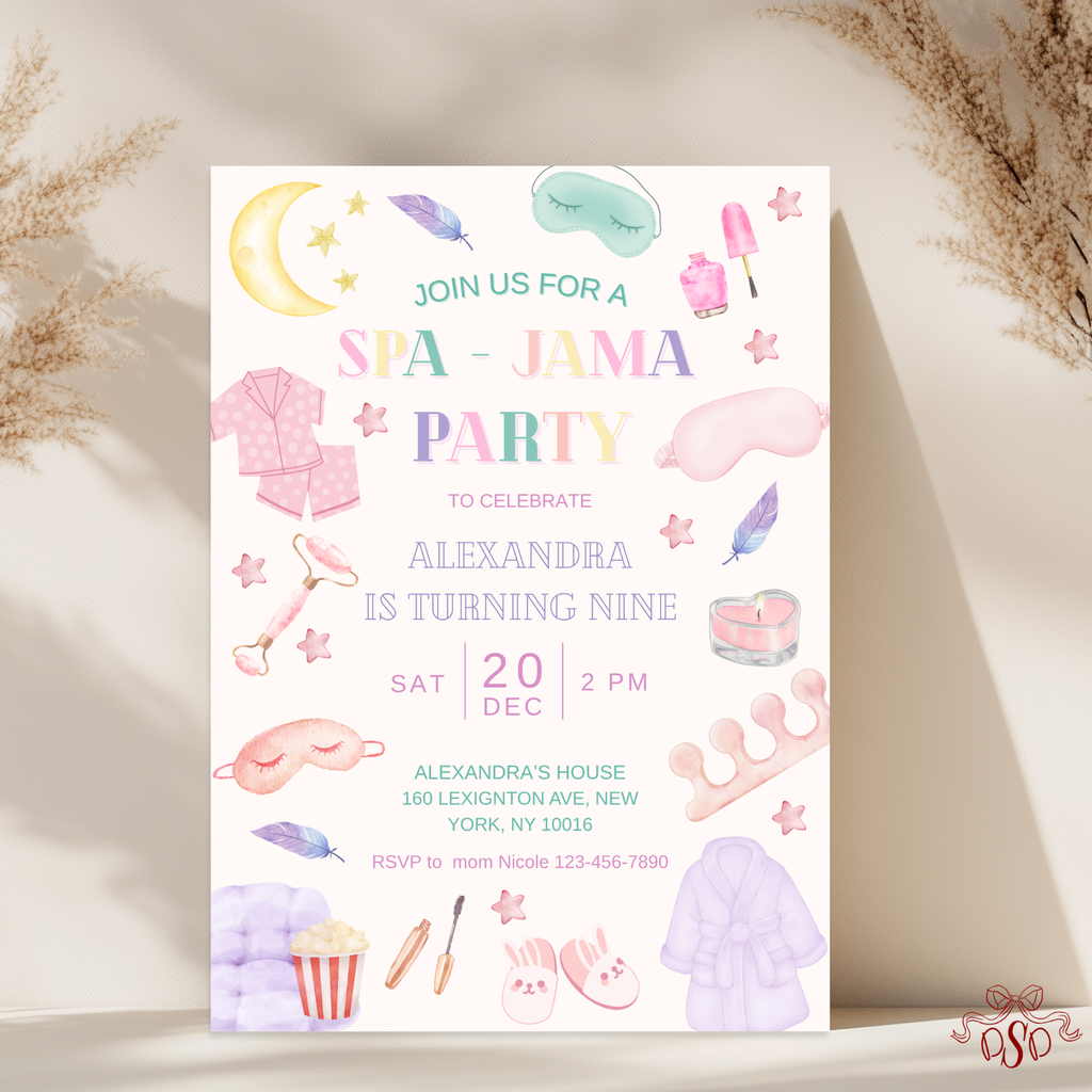 Spa Jama Pastel Sleepover 9th Birthday Party Invitation - main design preview