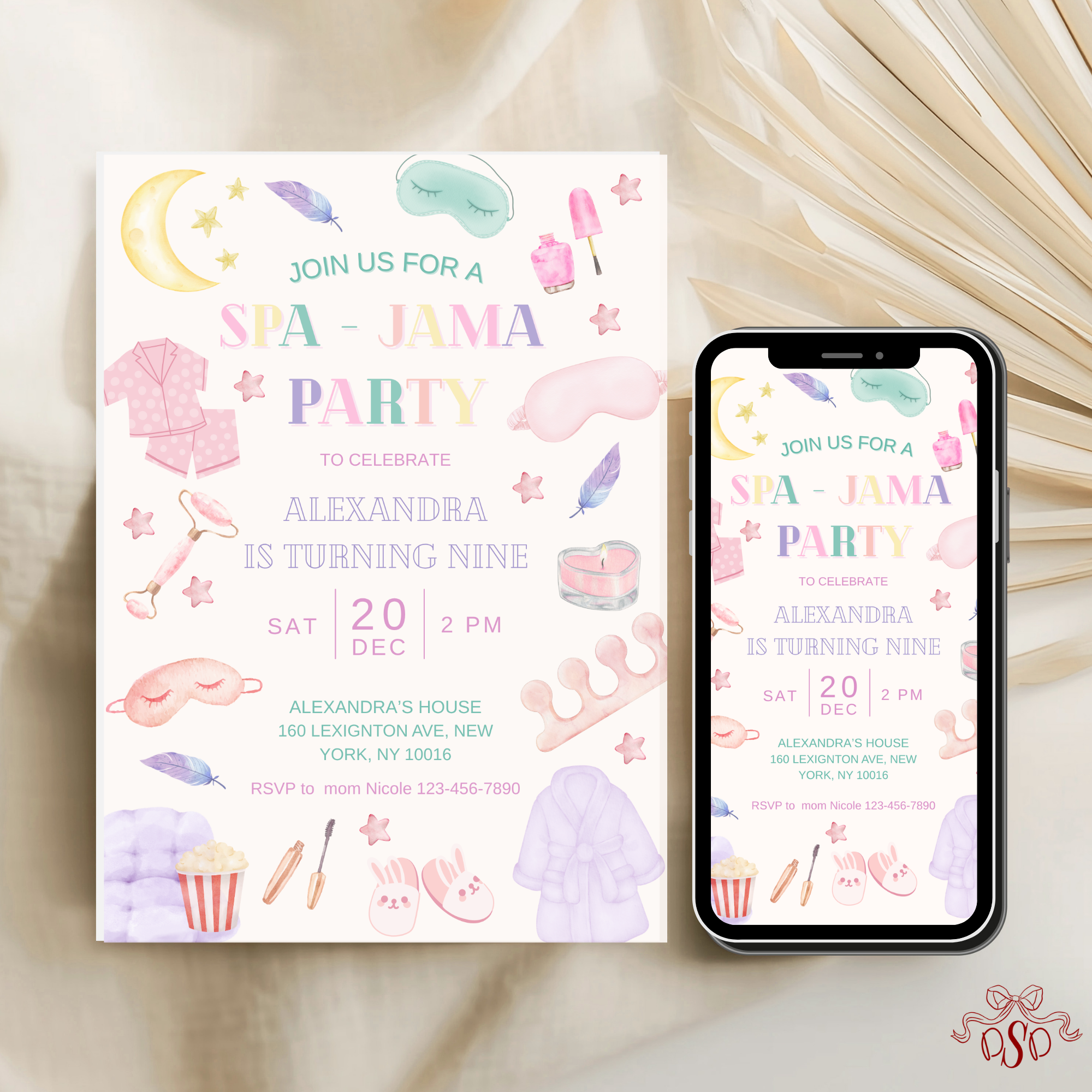 Spa Jama Pastel Sleepover 9th Birthday Party Invitation - editable Canva template gallery image