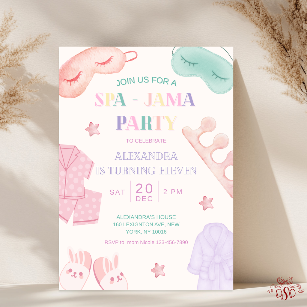 Spa Jama Sleepover Sleep Mask 11th Birthday Party Invitation - main design preview
