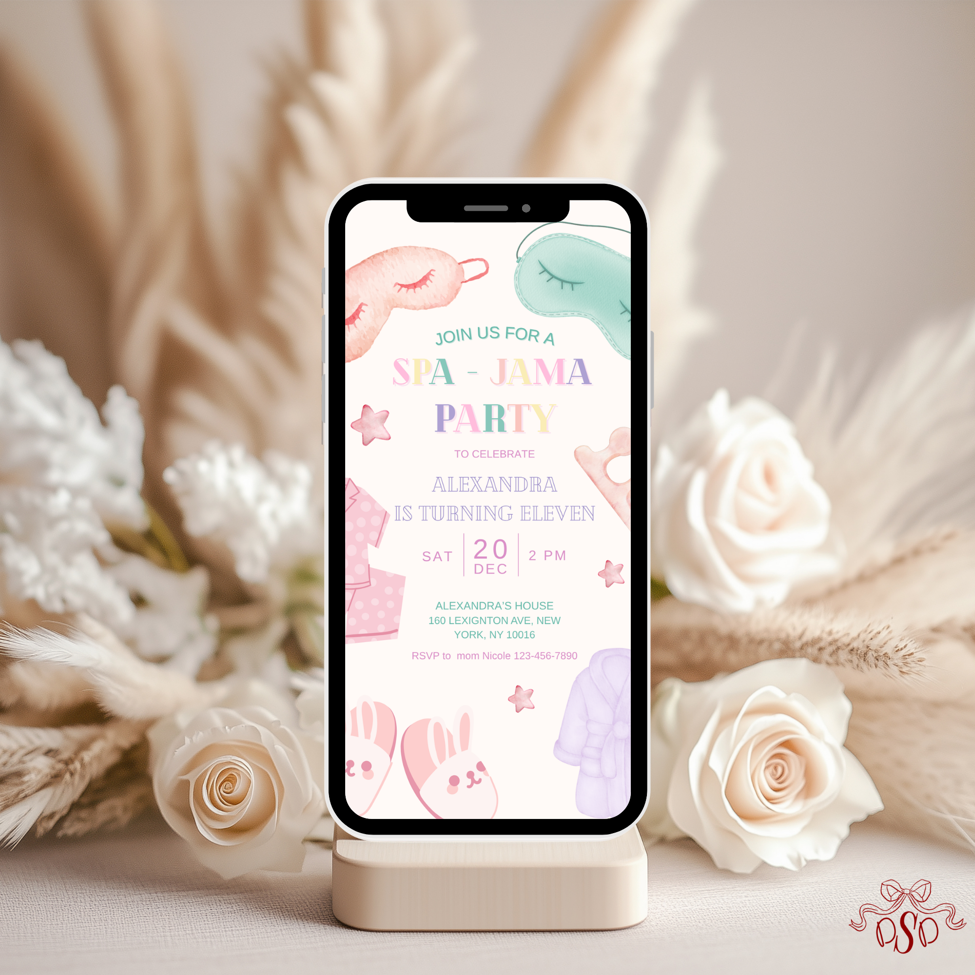 Spa Jama Sleepover Sleep Mask 11th Birthday Party Invitation - printable invite design detail
