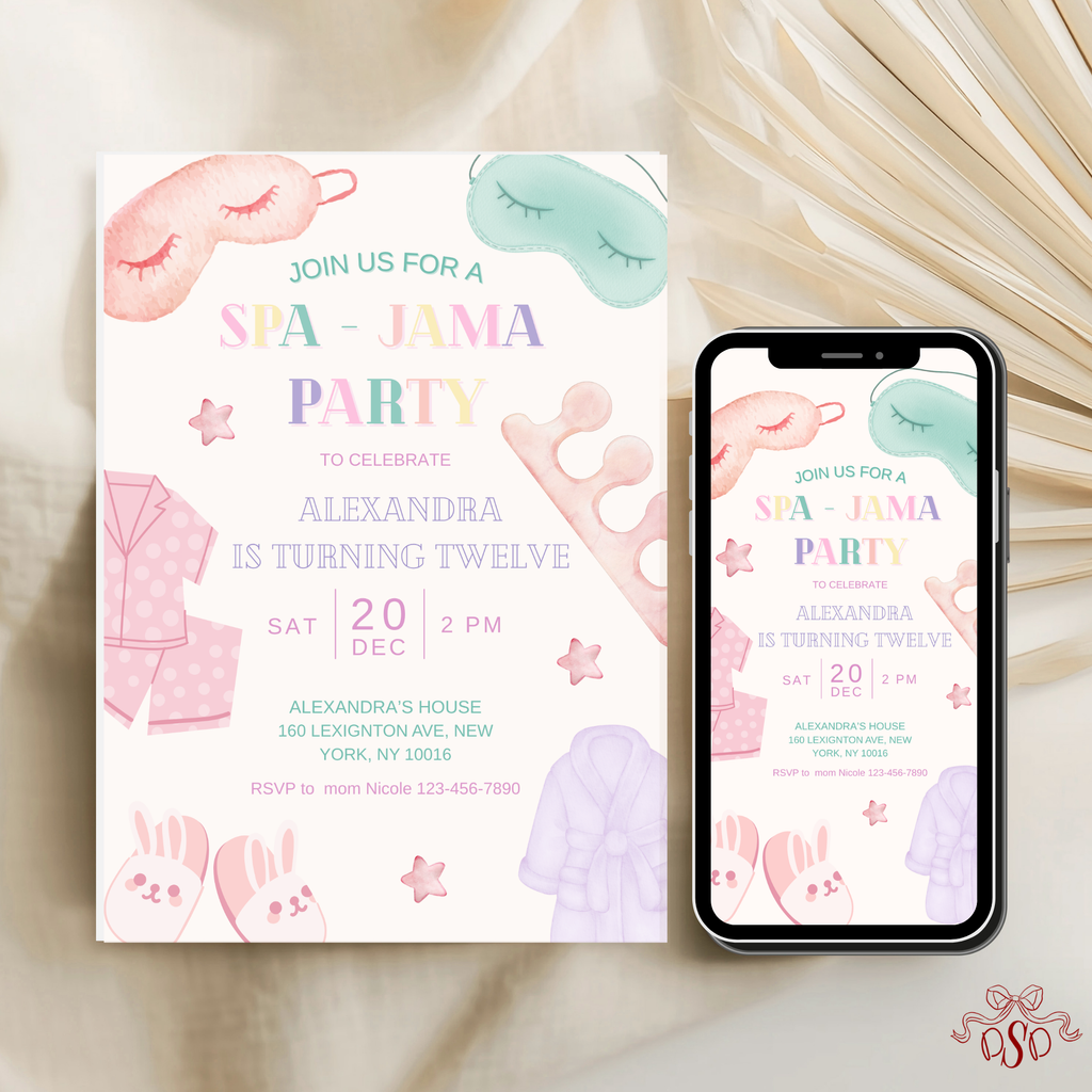 Spa Jama Sleepover Sleep Mask 12th Birthday Party Invitation - editable Canva template gallery image