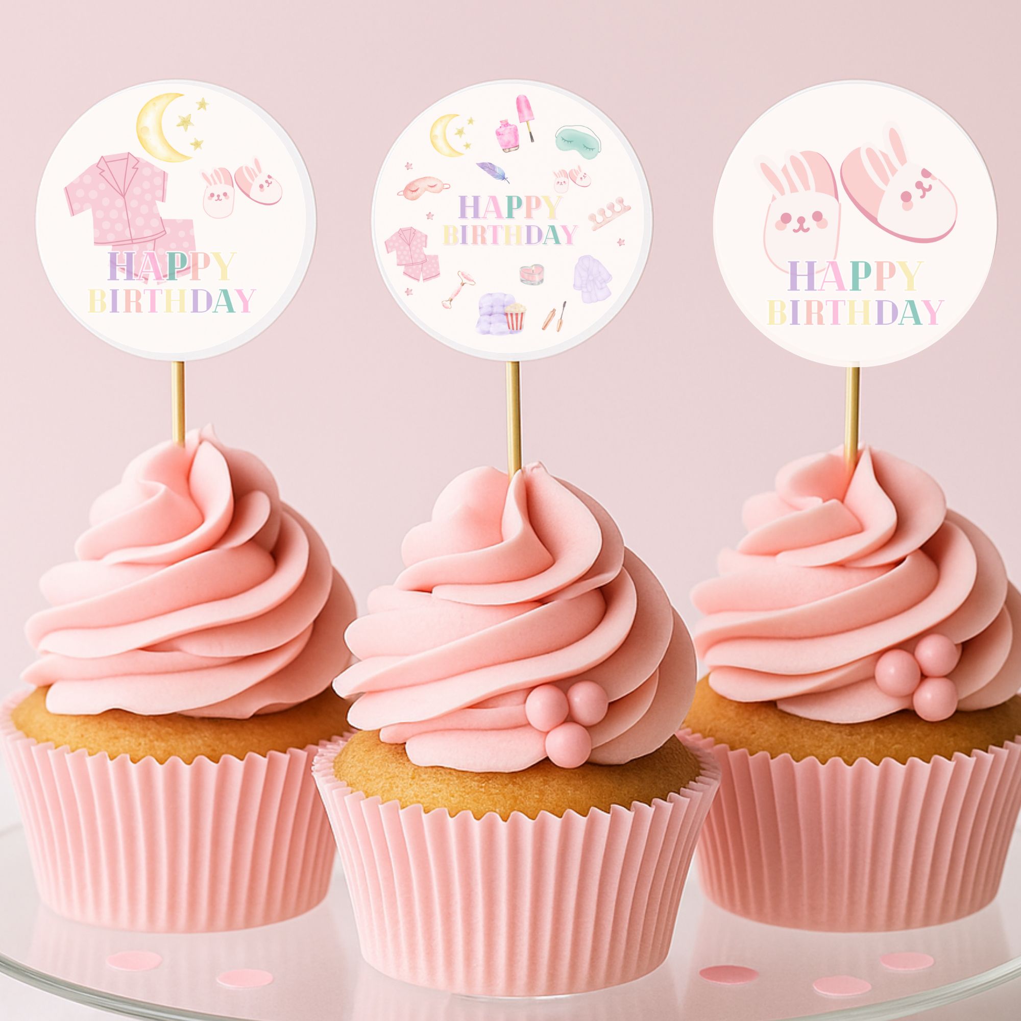 Spa Pajama Pastel Themed Party Cupcake Toppers - main design preview