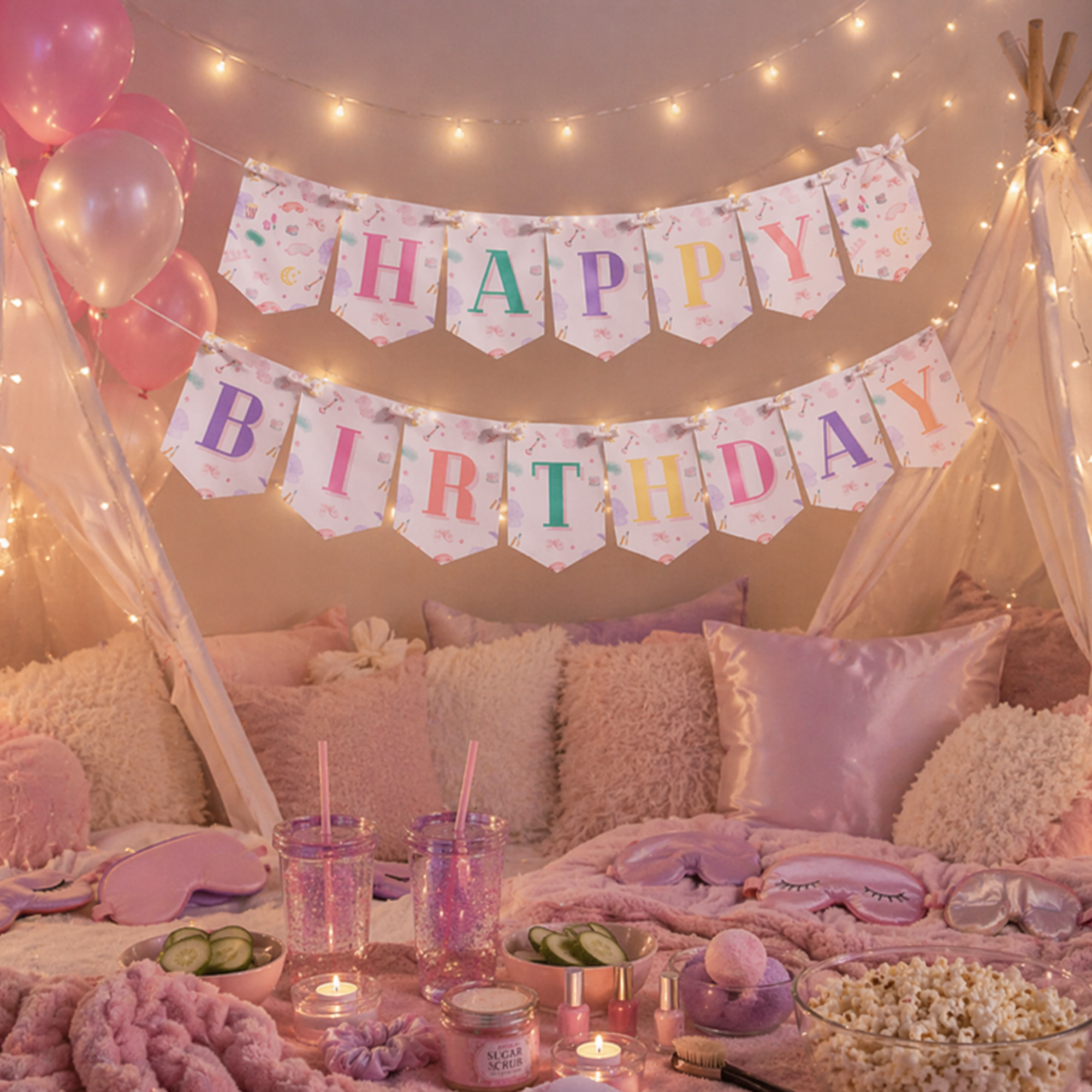 Spa Pajama Pastel Themed Party Banner - editable Canva template gallery image