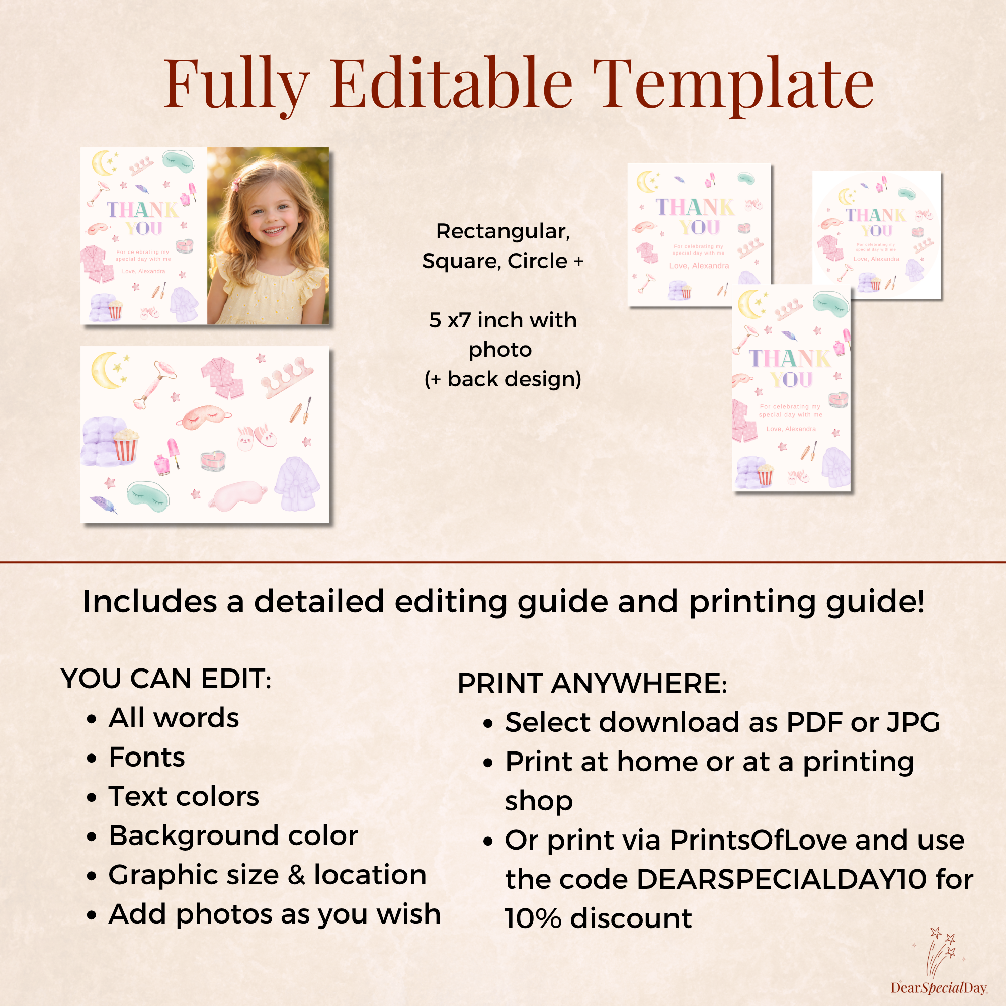 Spa Party Thank You Tags, Set with Photo Card - editable Canva template gallery image