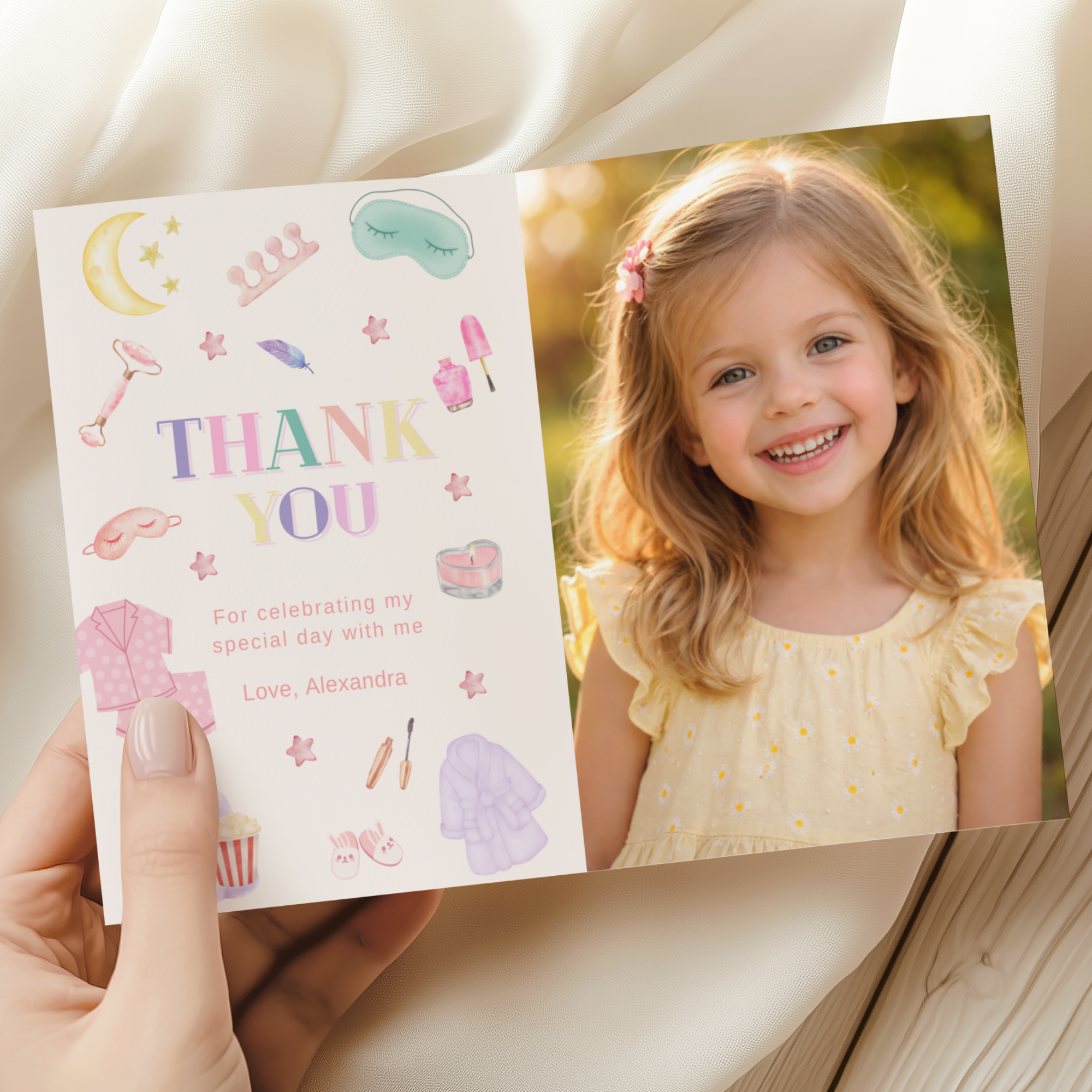 Spa Party Thank You Tags, Set with Photo Card - styled invitation mockup