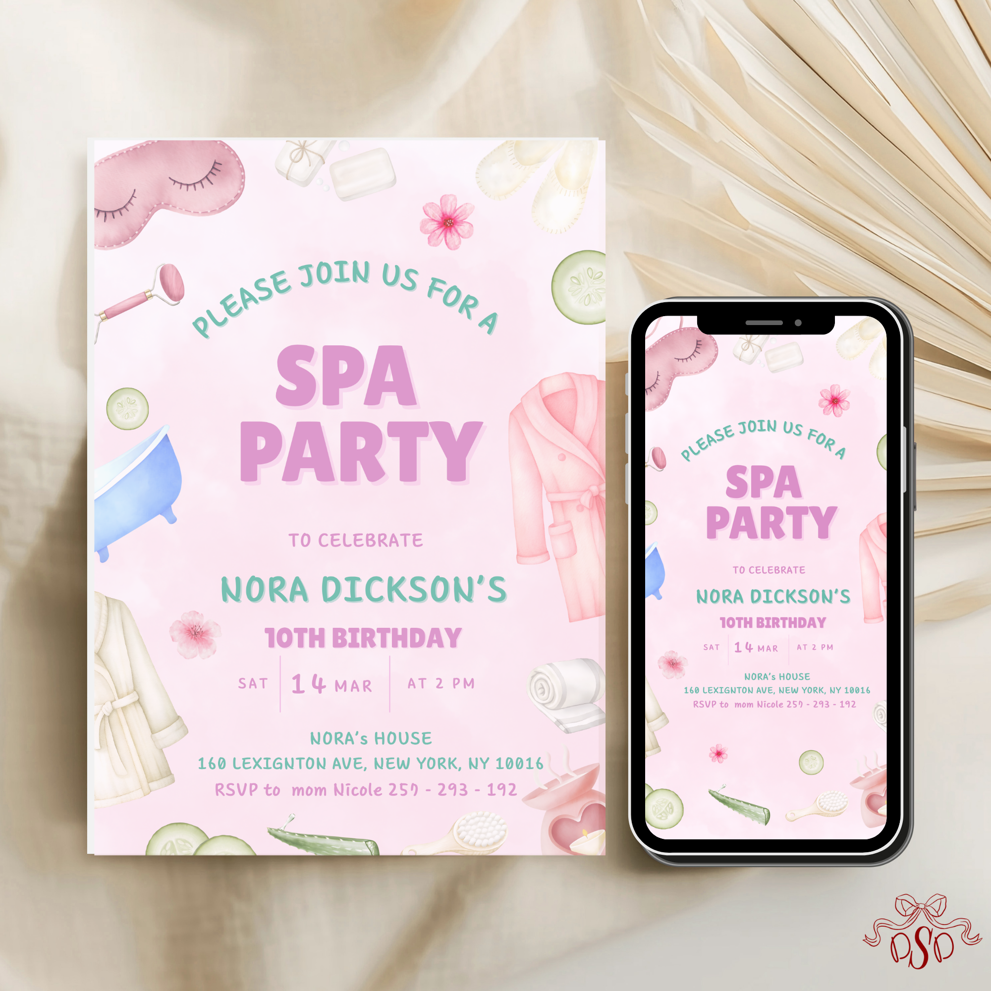Spa Pink and Green Pamper Party 10th Birthday Invitation - editable Canva template gallery image