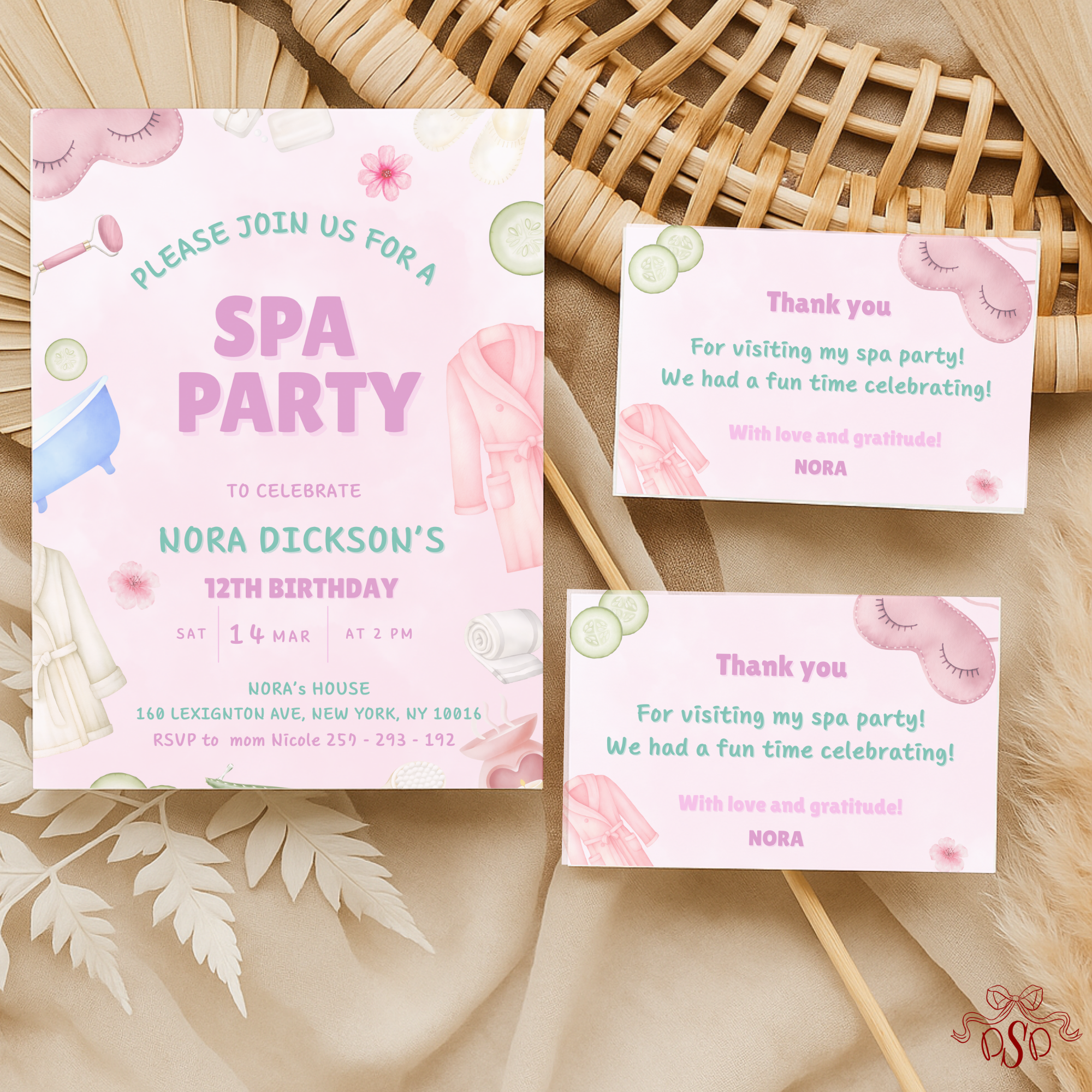 Spa Pink and Green Pamper Party 12th Birthday Invitation - printable invite design detail