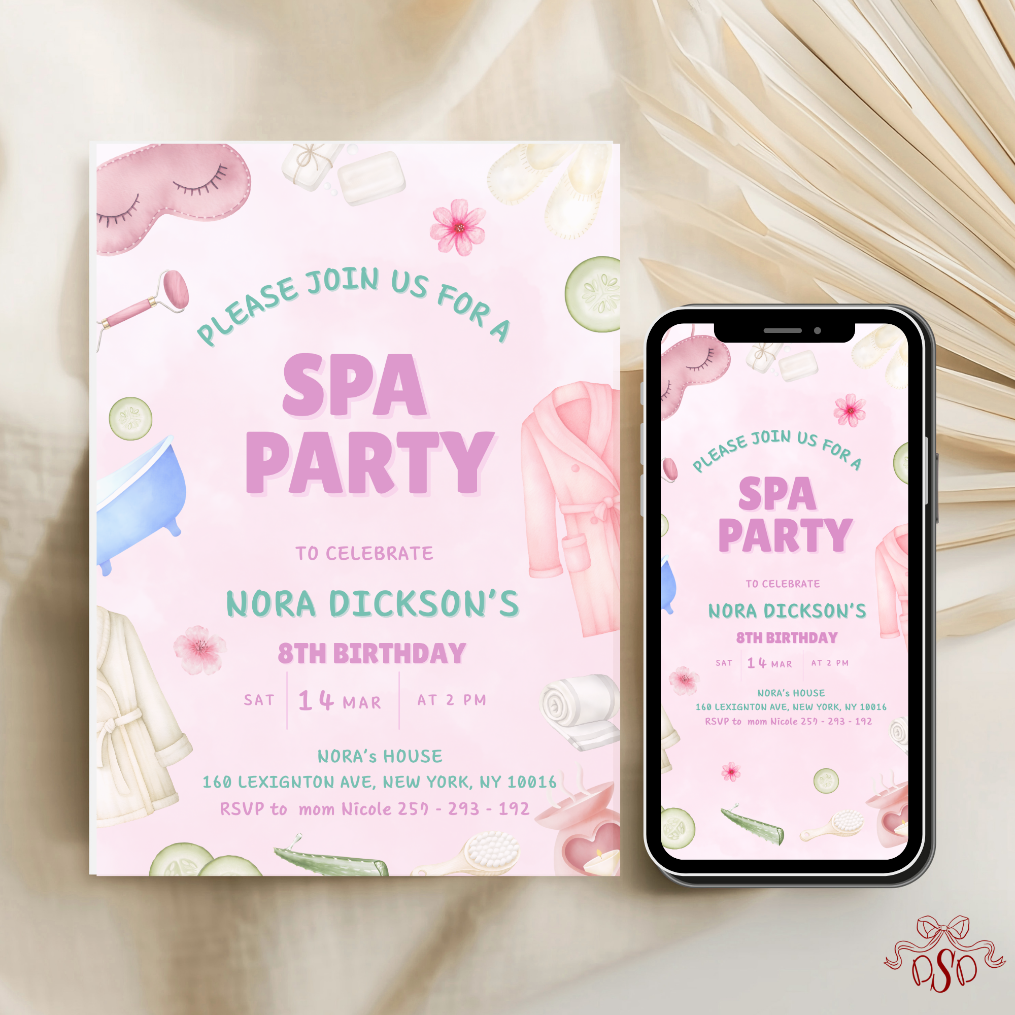 Spa Pink and Green Pamper Party 8th Birthday Invitation - editable Canva template gallery image