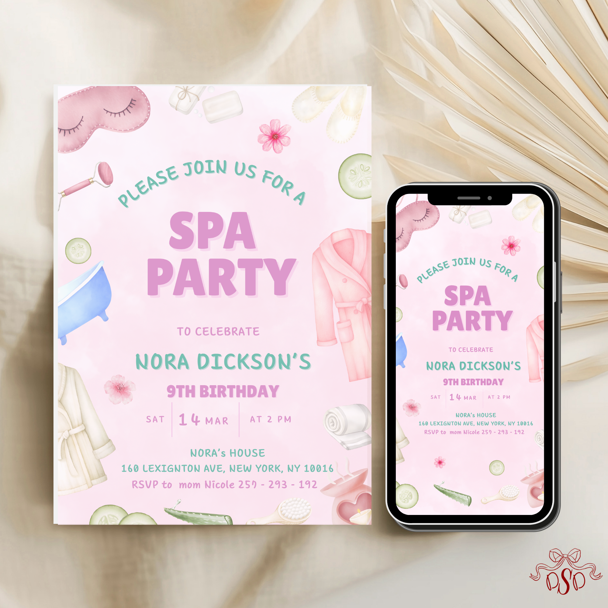 Spa Pink and Green Pamper Party 9th Birthday Invitation - editable Canva template gallery image