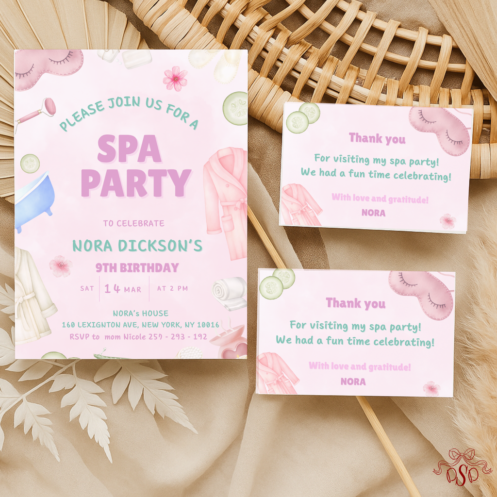 Spa Pink and Green Pamper Party 9th Birthday Invitation - printable invite design detail