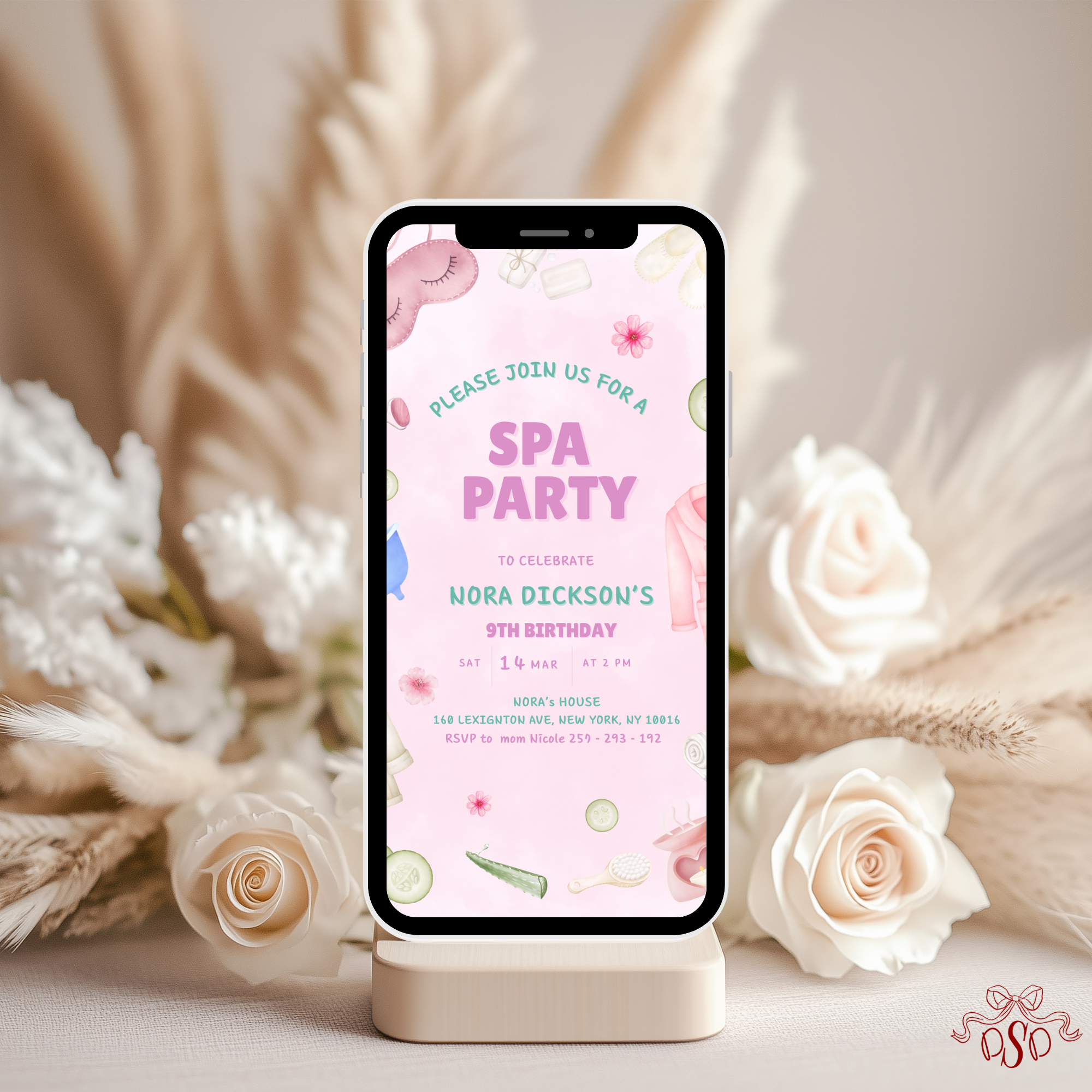 Spa Pink and Green Pamper Party 9th Birthday Invitation - styled invitation mockup
