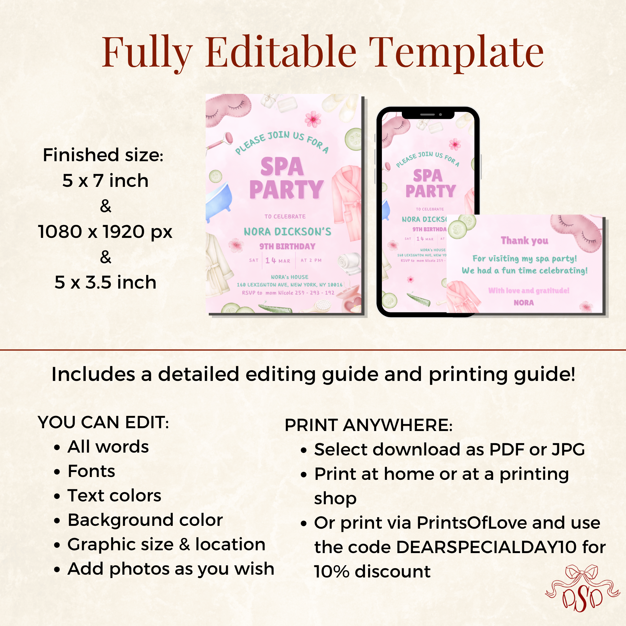 Spa Pink and Green Pamper Party 9th Birthday Invitation - additional gallery view