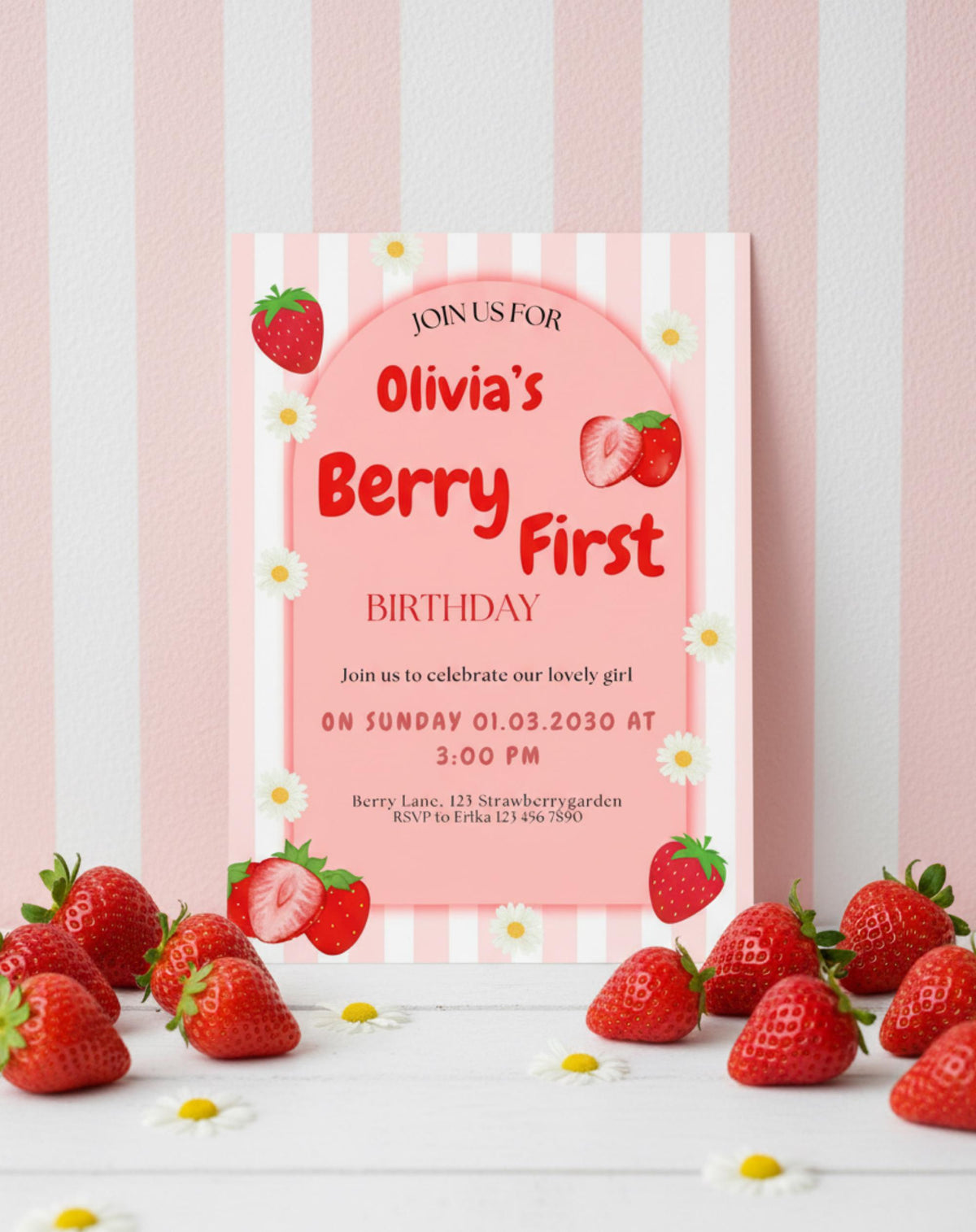 Strawberry Berry First Birthday Invitation - printable invite design detail