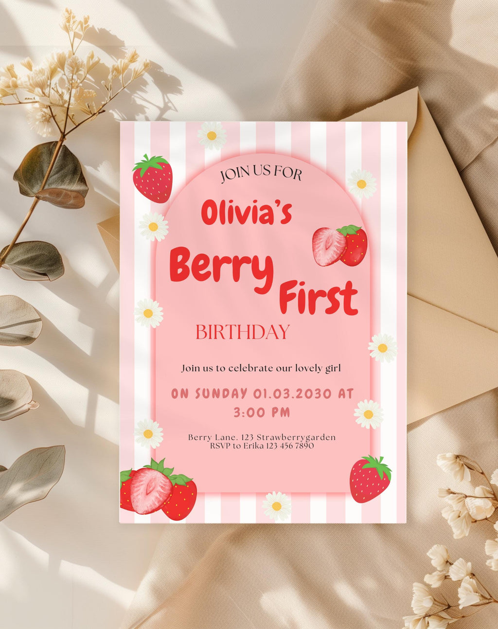 Strawberry Berry First Birthday Invitation - styled invitation mockup