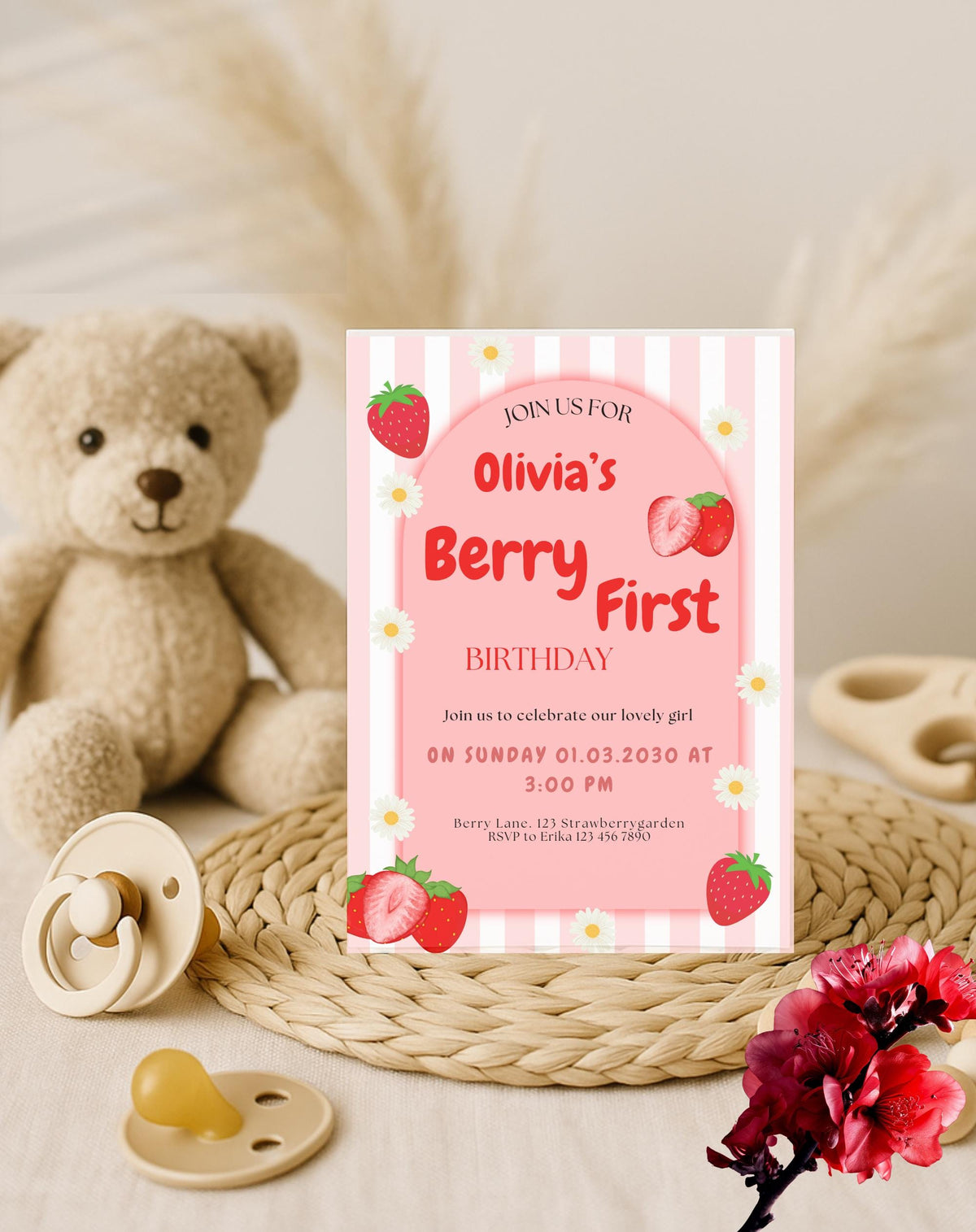 Strawberry Berry First Birthday Invitation - customizable birthday invitation