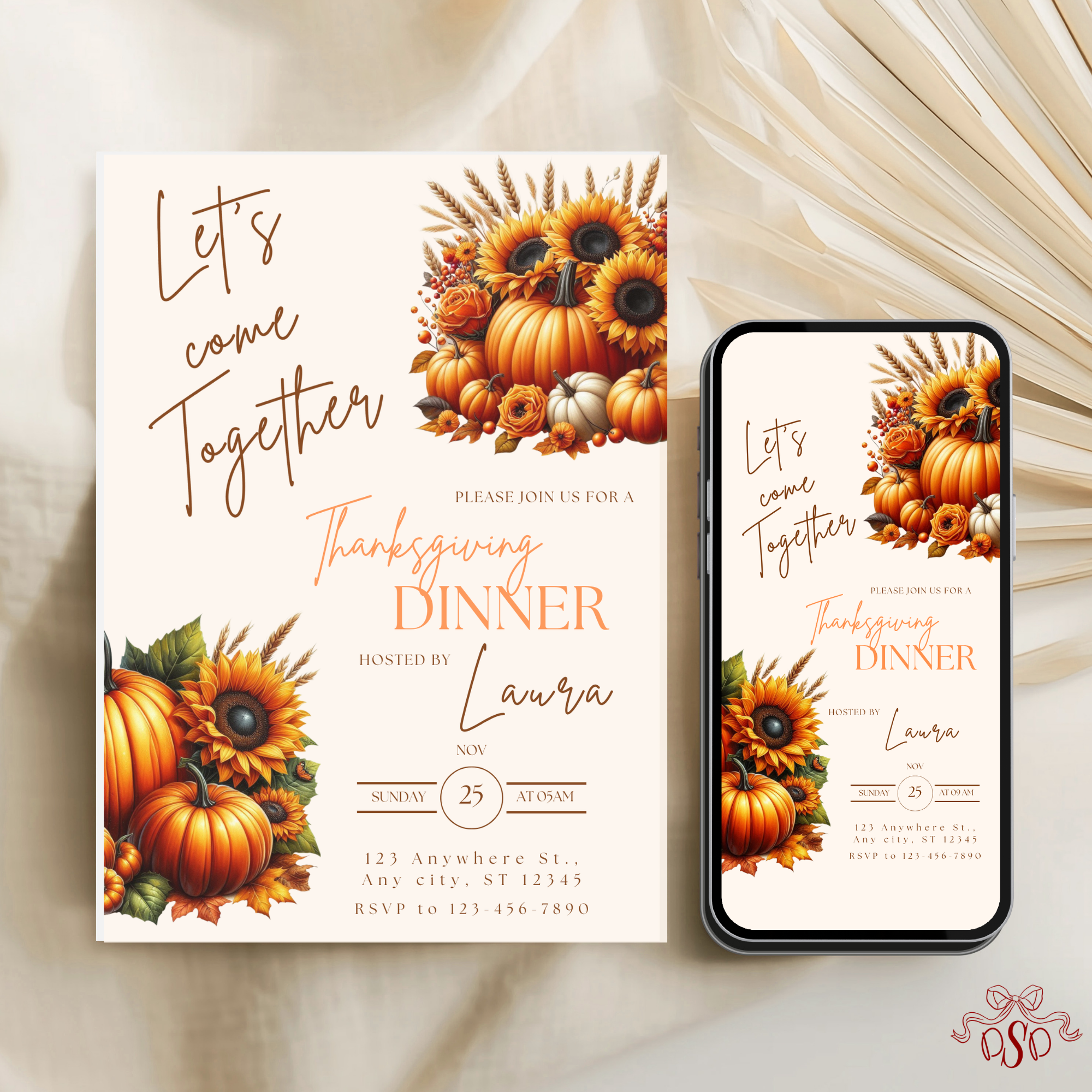SunFlower Thanksgiving Dinner Invitation - printable invite design detail