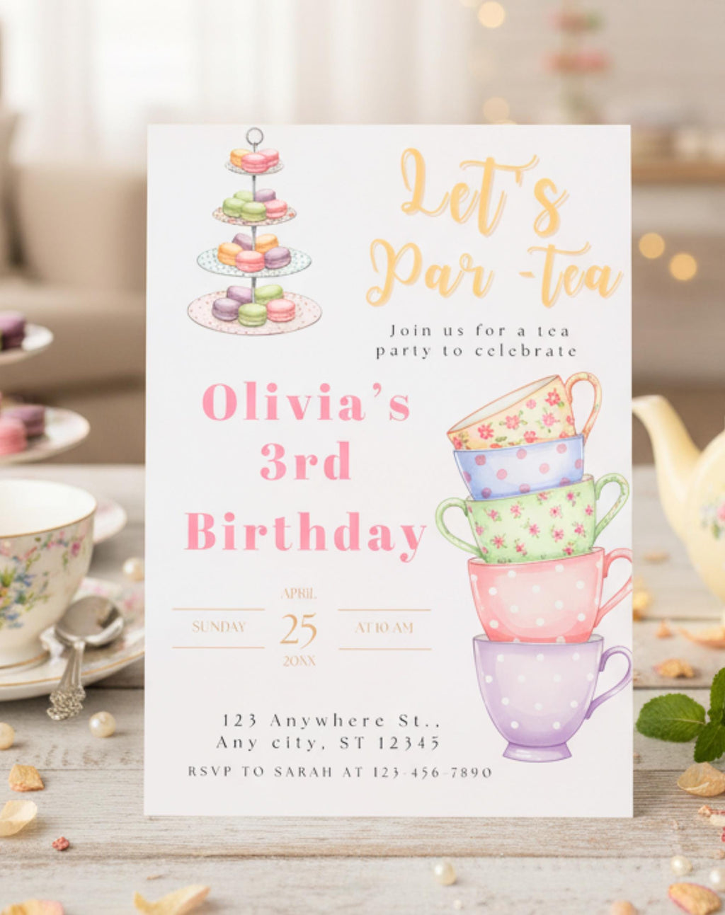 Tea Cups Tea Party Birthday Invitation - editable Canva template gallery image