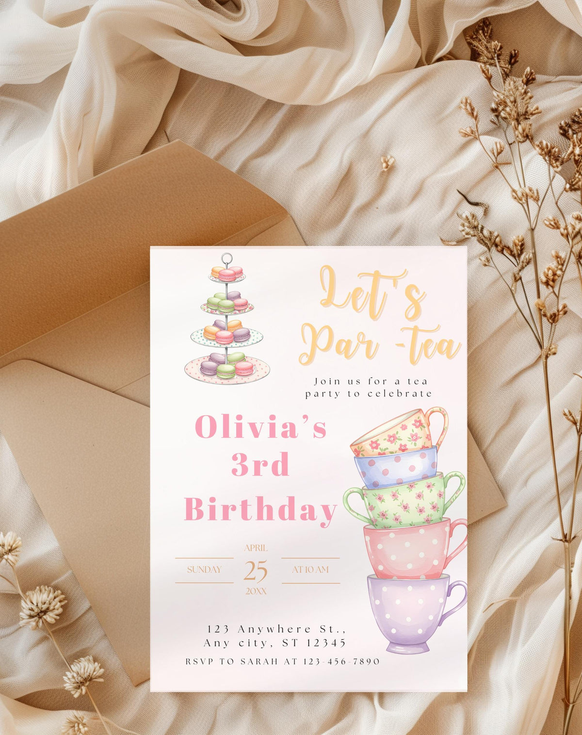 Tea Cups Tea Party Birthday Invitation - printable invite design detail