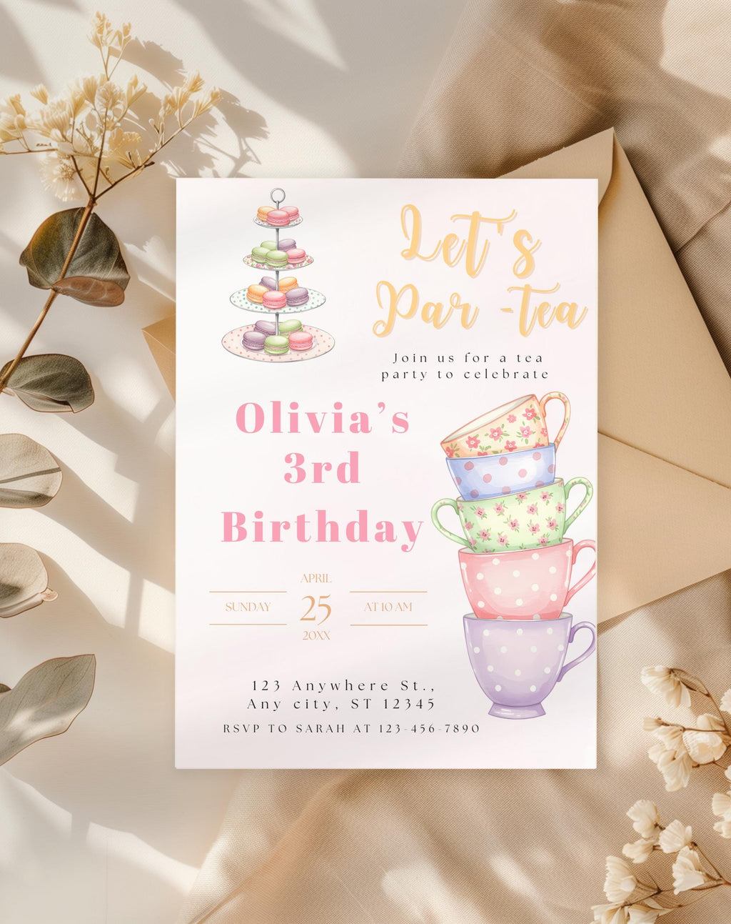 Tea Cups Tea Party Birthday Invitation - customizable birthday invitation