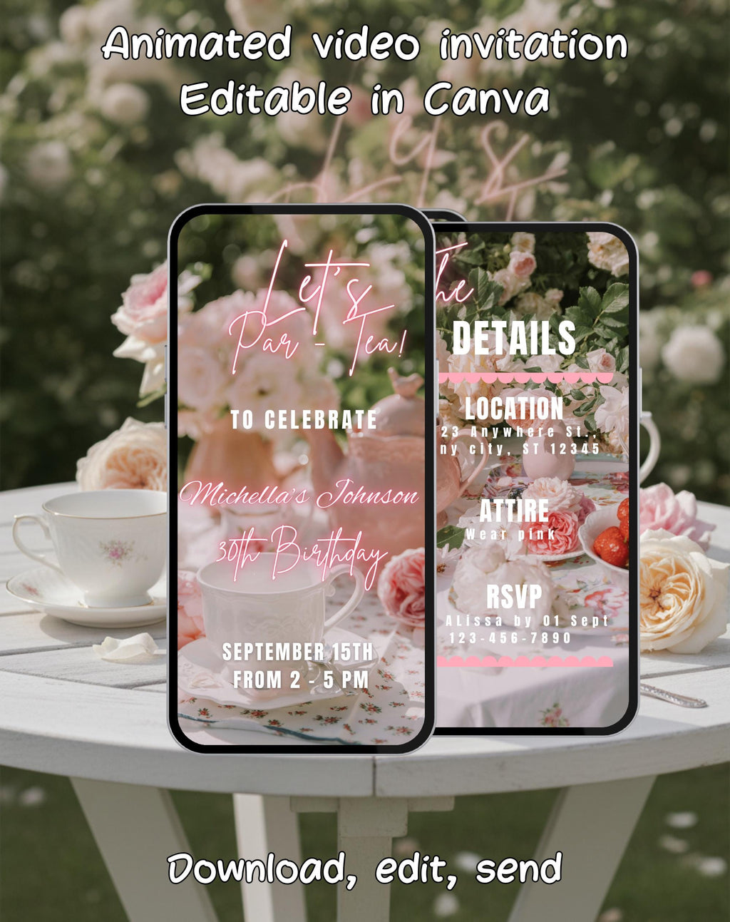 Tea Party Watercolor Floral Garden Birthday Invitation E-vite - editable digital template