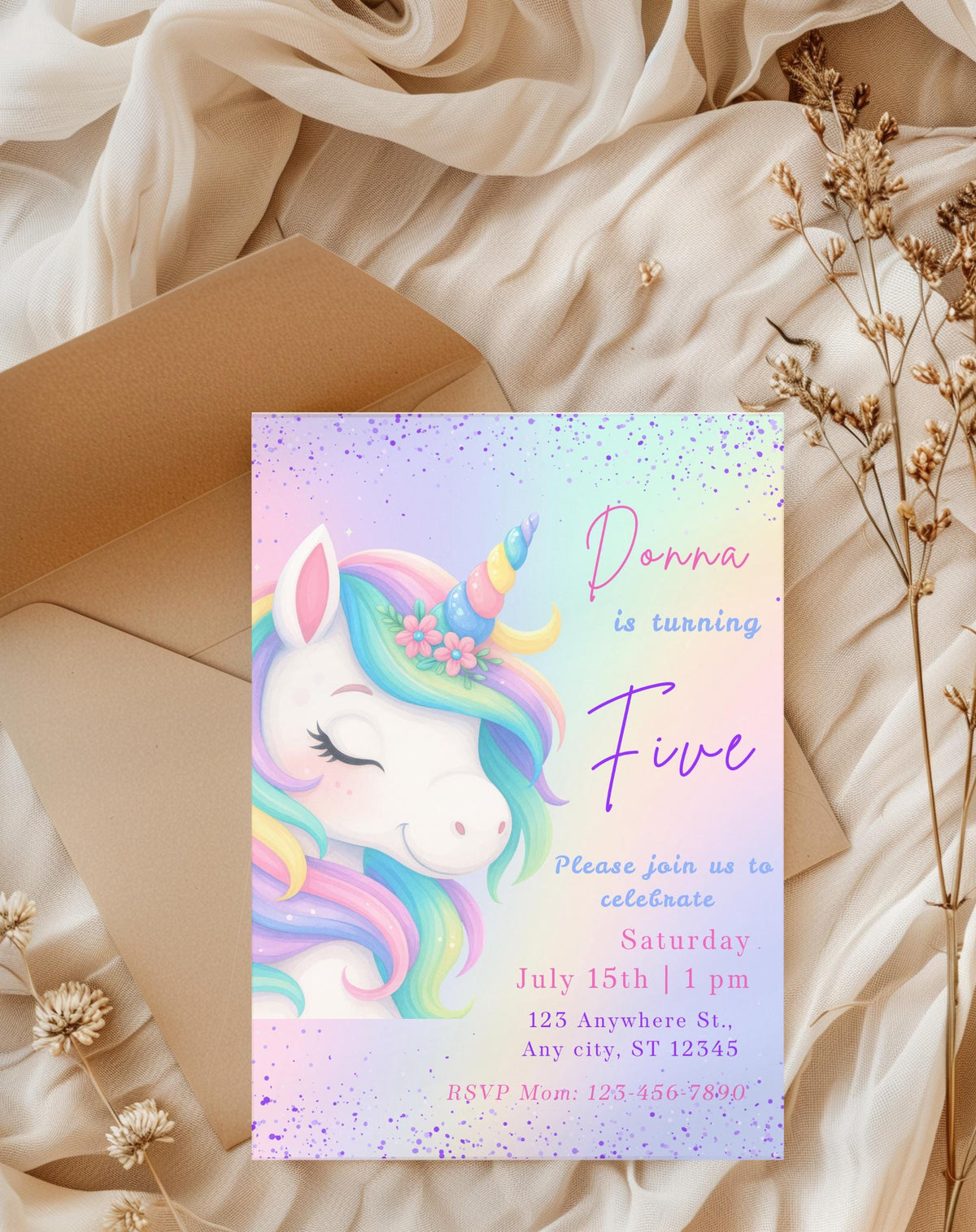 Unicorn Pastel Rainbow Birthday Invitation - printable invite design detail