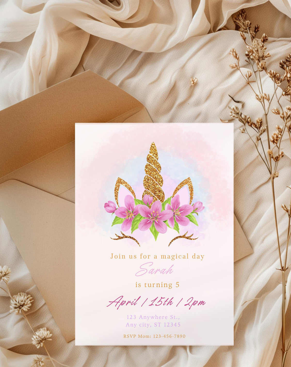 Unicorn Pink Gold Floral Birthday Invitation - editable Canva template gallery image