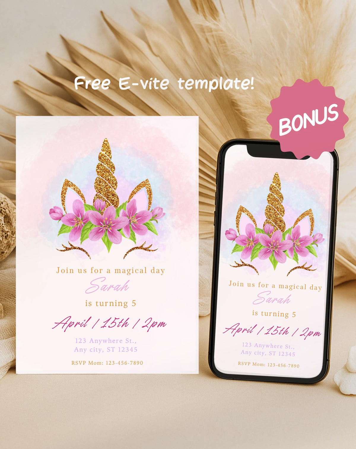 Unicorn Pink Gold Floral Birthday Invitation - styled invitation mockup