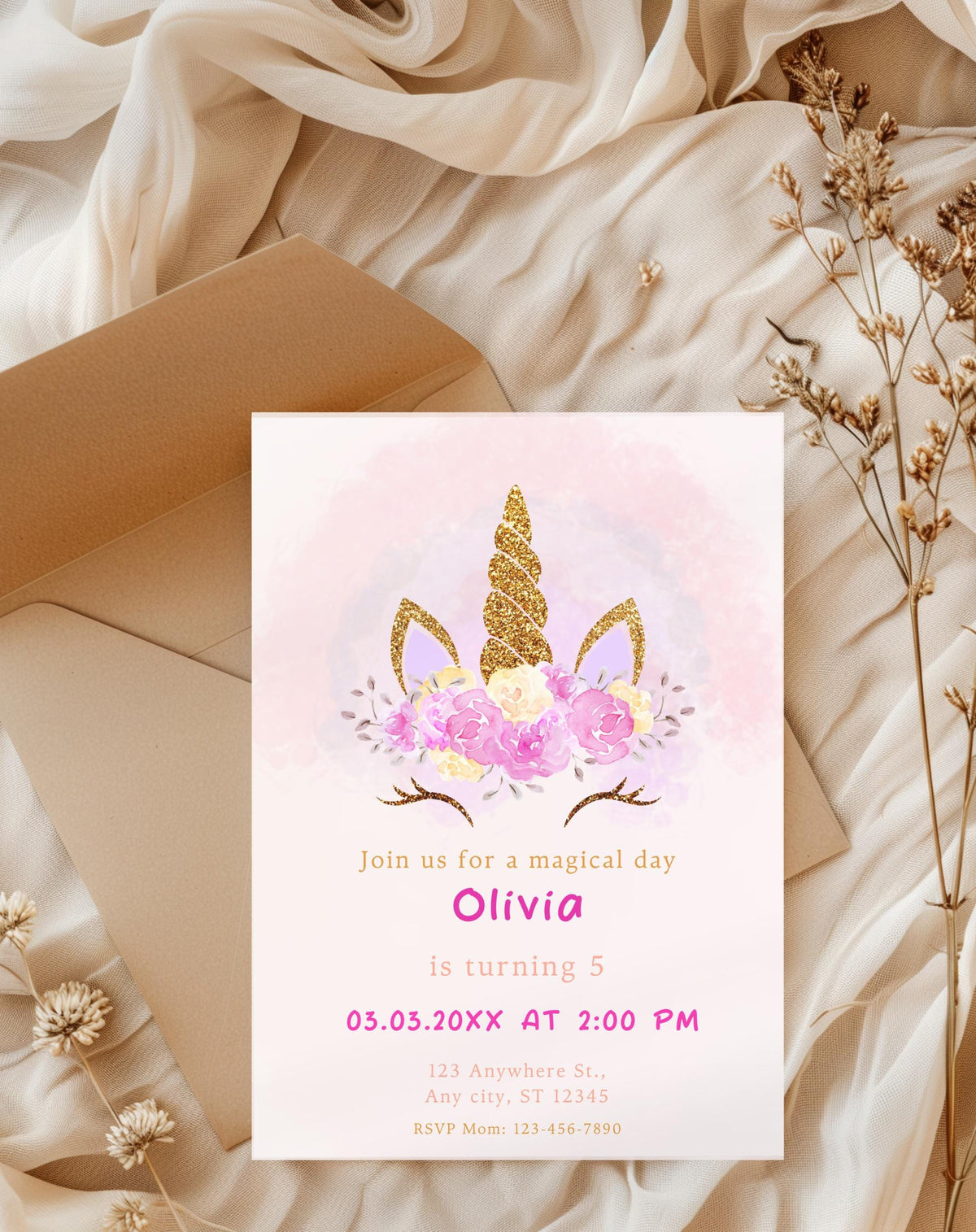 Unicorn Pink Gold Floral Birthday Invitation - editable Canva template gallery image