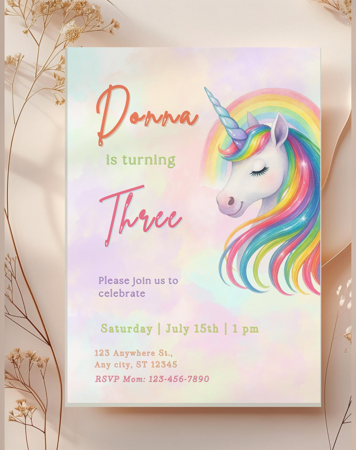 Unicorn Rainbow Pastel Birthday Invitation - main design preview