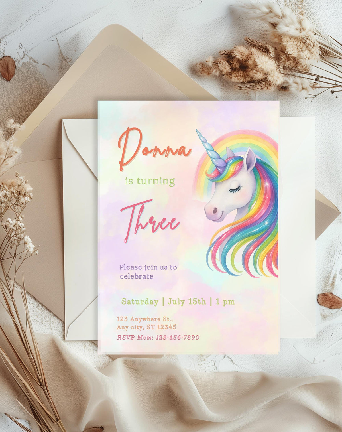 Unicorn Rainbow Pastel Birthday Invitation - additional gallery view