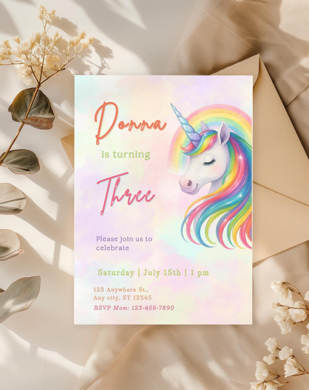 Unicorn Rainbow Pastel Birthday Invitation - customizable birthday invitation