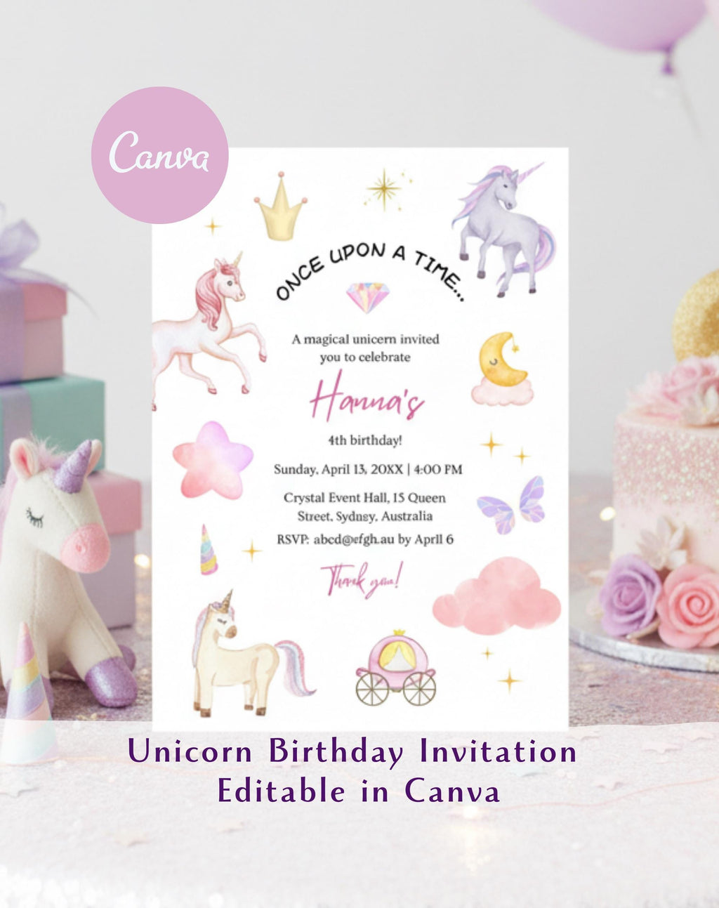 Unicorn Soft Pastel Storybook Birthday Invitation - editable Canva template gallery image