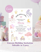 Unicorn Soft Pastel Storybook Birthday Invitation - editable Canva template gallery image