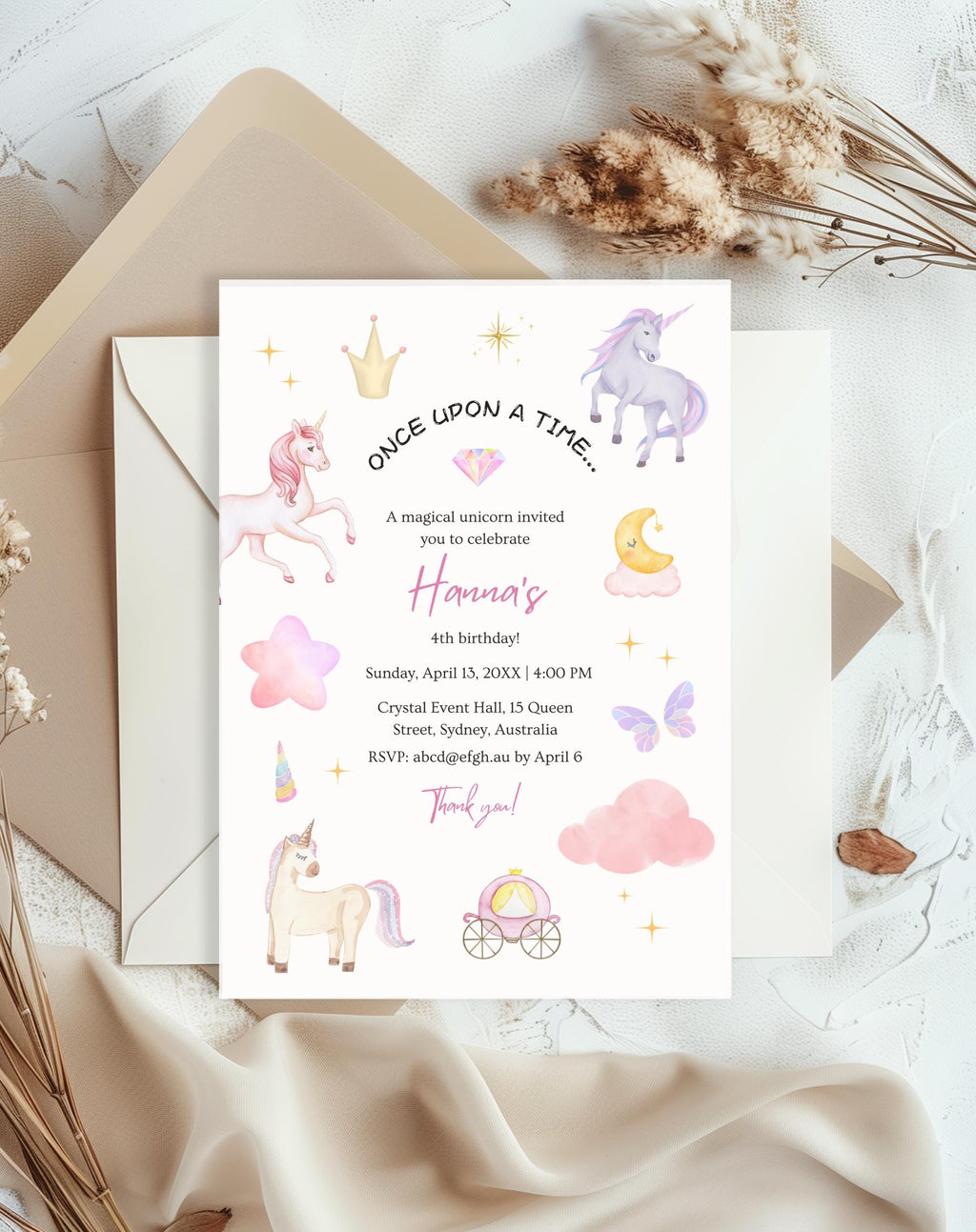 Unicorn Soft Pastel Storybook Birthday Invitation - printable invite design detail