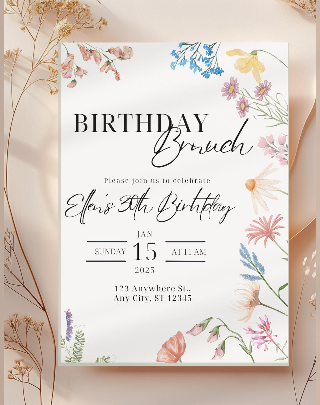 Watercolor Wildflower Birthday Brunch Invitation - editable Canva template gallery image