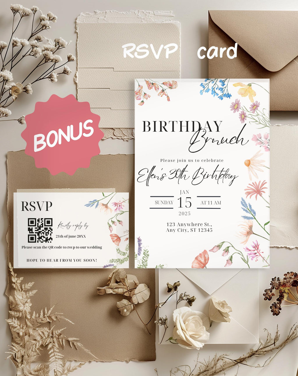 Watercolor Wildflower Birthday Brunch Invitation - additional gallery view